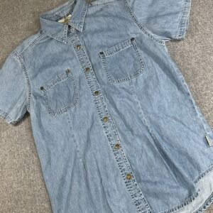 Mens Denim Button Up Shirt Hooks Short Sleeve Western Workwear Blue M